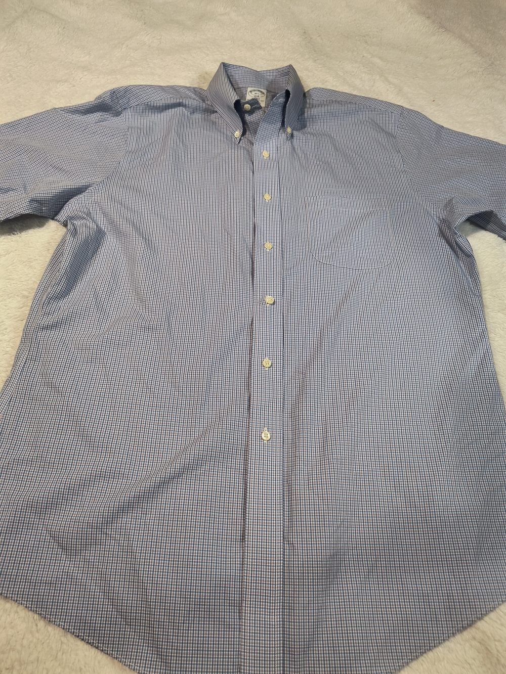 Brooks Brothers Regent Non-Iron Shirt 16.5 Short Sleeve Blue Gingham Plaid